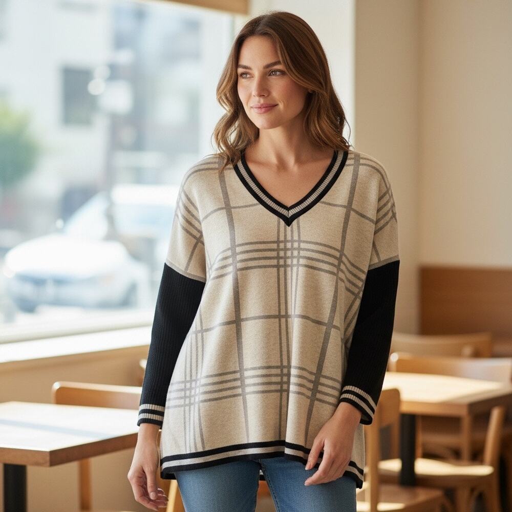 Joseph A. Winter Plaid Oversized Sweater Black Cream Preppy Soft Medium